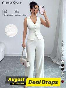 Two-piece Set Outfit Women's Solid Color V Neck Top & Pants, Casual Fashion Cozy Set for Daily Outdoor Wear, Ladies Clothes for Summer