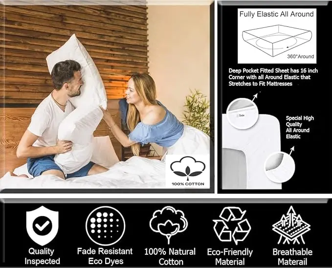 200 Thread Count 100% Egyptian Cotton Fitted Sheet - 16"/40cm Extra Deep Pocket Fitted Sheets & Pillowcases - Luxury Deep   Stretches Up to 16" Breathable, Skin-Friendly, Durable, Wrinkle Fade, Stain Resistant Soft Bed Cover Available in All UK sizes 2