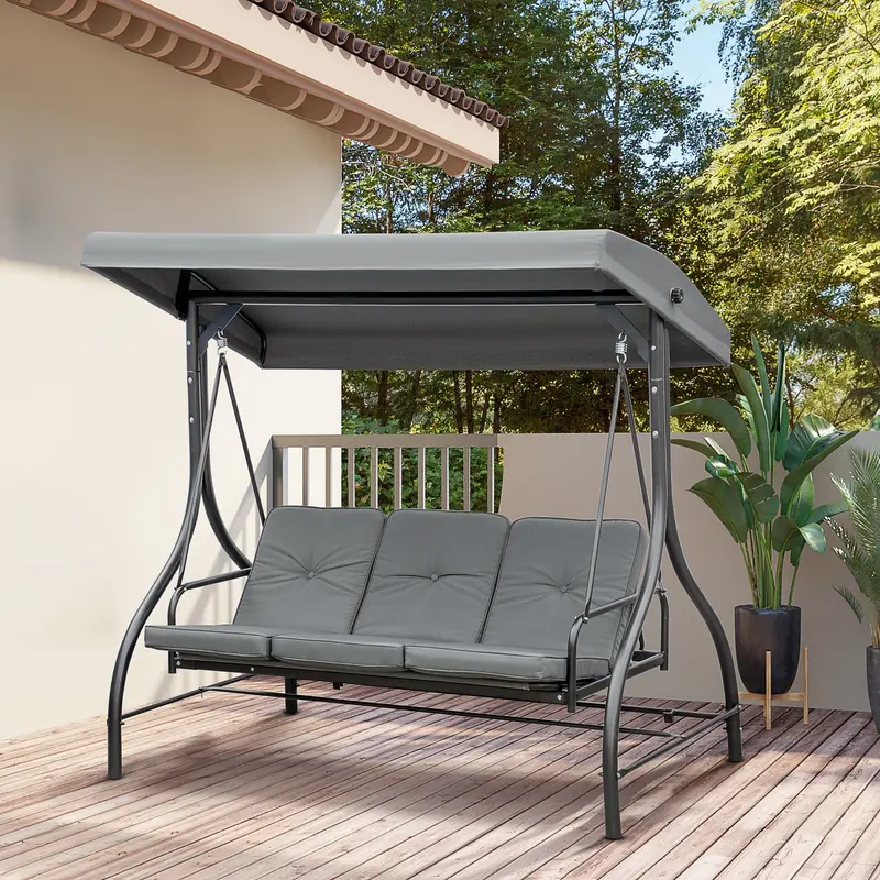 3 Seater Canopy Swing Chair, 2 in 1 Garden Swing Seat Bed, with Adjustable Canopy and Metal Frame, Dark Grey 2