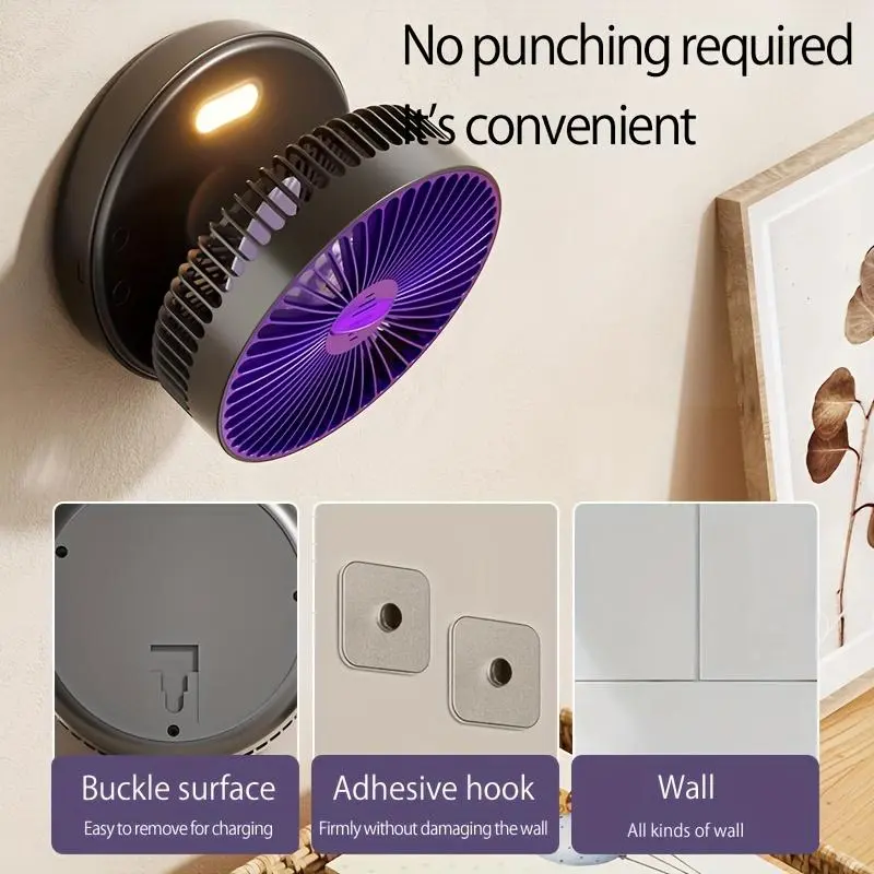 1pc 3-in-1 Rechargeable Circulation Fan - Versatile & Compact, Foldable Desktop/Wall Mount Fan with 4 Adjustable Speeds, Quiet Brushless Motor, Warm Night Light Feature, Includes Traceless Hook - Ideal for Office, Home, Outdoor Use, Portable Fan 7