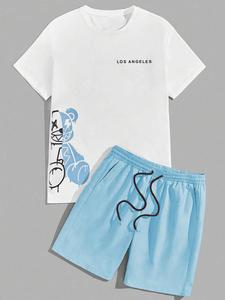 Two-piece Set Men's Cartoon Bear Print Tee & Letter Print Shorts Set, Regular Fit Casual Fashion Round Neck Short Sleeve T-shirt & Track Shorts, Men's Summer Clothes, Clothing