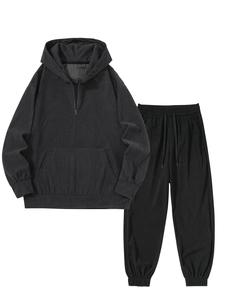 Men's Solid Color Corduroy Hoodie & Pants Set, Casual Long Sleeve Hooded Sweatshirt & Trousers, Men's Spring & Fall Clothes