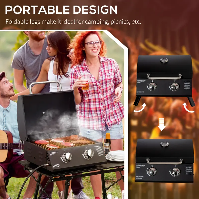 Outsunny 2 Burner Gas BBQ Grill Outdoor Portable Folding Tabletop Barbecue w/ Lid, Thermometer, Carbon Steel, Black 4