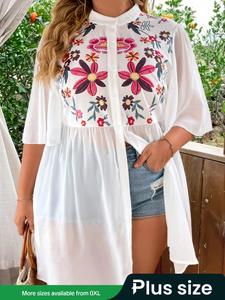 【Plus Size】 Floral Print Button Front Blouse, Casual Chic Butterfly Sleeve Mock Neck Top for Daily Wear, Holiday Top, Women's Plus Clothing for All Seasons, Back To School, Boomtown Outfits, Clothes for Women, Womenswear, Shirts