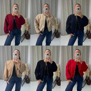 Findfashion Women's Ballon Sleeve Zip-Up Pocket With Ruched Arm Stylish Bomber Jacket For Ladies One Size Fits UK 8-14