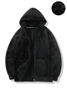 Men's Solid Zip Up Pocket Plush Hooded Jacket, Loose Casual Thermal Long Sleeve Outerwear for Fall & Winter, Men's Clothes for Daily Wear