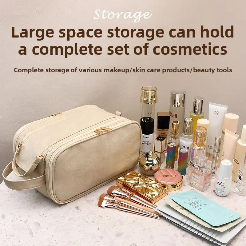 Double Zipper Cosmetic Bag Large Capacity Portable Business Trip Travel High-Grade Makeup Brush Wash Bag Buggy Bag 3
