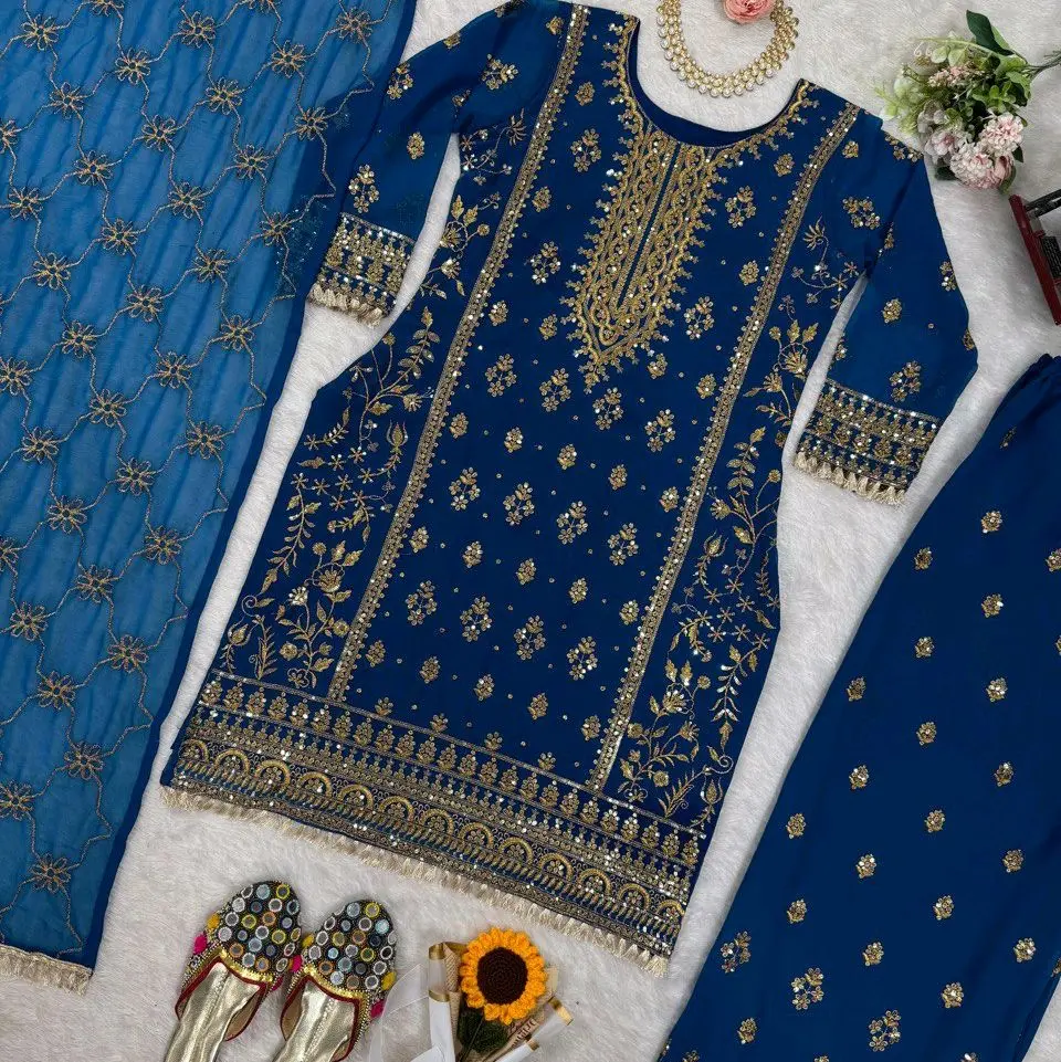 heavy plazzo suit with heavy duppatta,  available in three colours,  royal blue, and yellow size 38 , hot pink in size 40