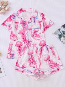 Women's All Over Jellyfish Print Shirt & Elastic Waist Shorts Pyjama Two-piece Set, Casual Comfy Short Sleeve Collared Top & Shorts PJ Set, Ladies Sleepwear for All Seasons, Loungewear, Pajamas