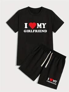 2 Pieces Two-piece Set Men's "i Love My Gf" Slogan Graphic Round Neck Tee & Drawstring Waist Shorts Suits, Summer Clothes Regular Fit Streetwear Crew Neck Short Sleeve T-shirt & Shorts, Gift, Menswear, Going Out Outfit