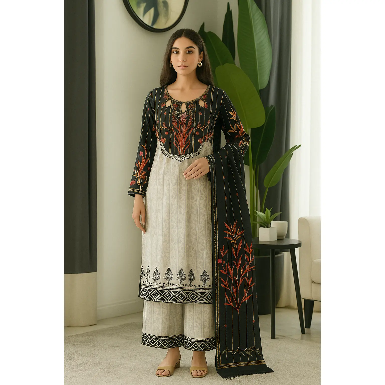 Linen 3 pcs Autumn print white