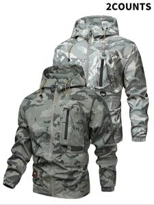 Men's Camo Print Zip Up Hooded Jacket, Regular Fit Casual Waterproof Windproof Long Sleeve Jacket for Outdoor Activities, Fashion Men's Outerwear for All Seasons