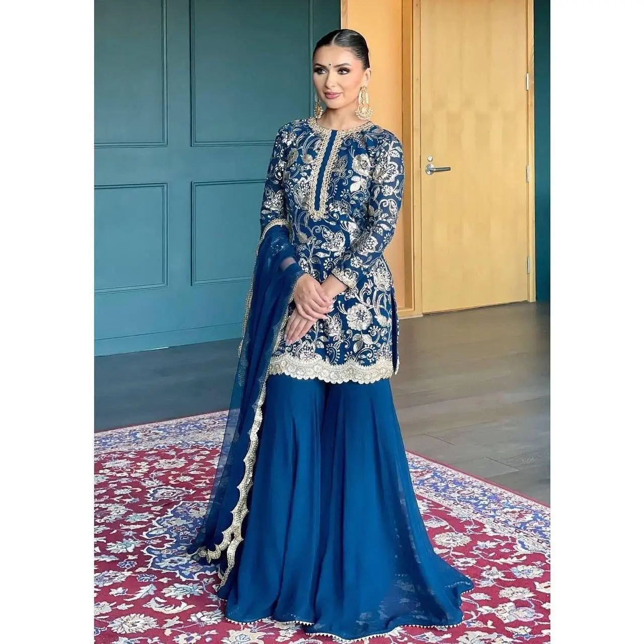 Elegant Navy Blue Faux Georgette Sharara Suit