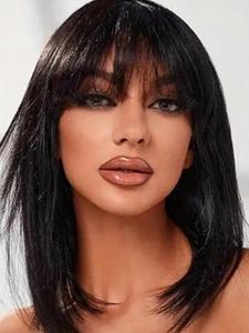 Black Short Straight Wigs for Women, Natural Looking Gorgeous Fluffy Wigs with Bangs, Human Hair Wigs for Party, Daily Use