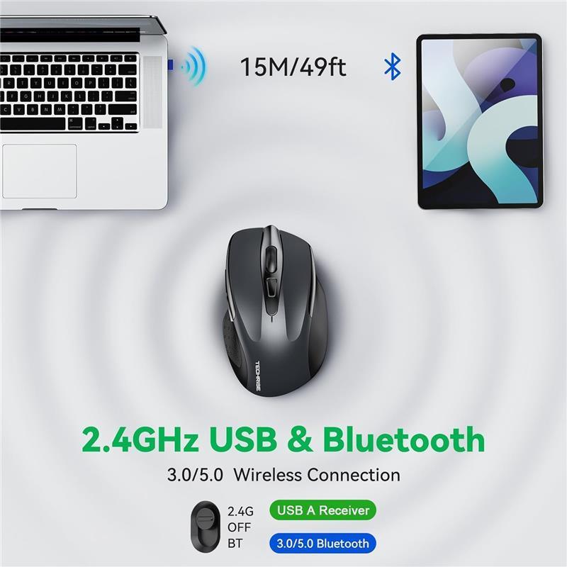 Bluetooth Mouse, Rechargeable Wireless Mouse (BT5.0/3.0 & 2.4G), 4800DPI Adjustable, 6-Button Silent Computer Mice, USB Ergonomic Wireless Mouse for Laptop PC Mac, Grey 2