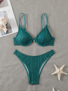 Women's Plain Wave Trim Bikini Set, Casual Fashion Chic Swimsuit Set for Beach Holiday Vacation, Ladies Swimwear for All Seasons