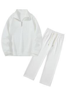 Men's Solid Zip Up Half Placket Sweatshirt & Pants Two-piece Set, Casual Long Sleeve Top & Trousers for Spring & Fall, Men's Clothes for Daily Wear