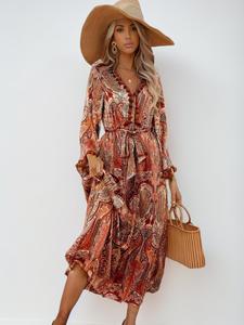 Women's Ethnic Pattern A-line Long Dress with Belt, Casual Boho Fringe Trim Bell Sleeve Tassel Maxi Dresses for Beach Holiday Vacation, Dresses for Women