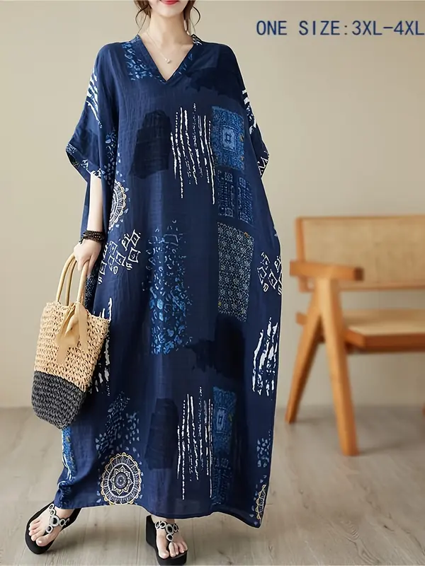 Elegant Plus Size V-Neck Kaftan Dress Gown - 100% Viscose Non-Stretch Fabric, Short Sleeve, Casual Pockets, All-Season, Woven Dressing Gown for Women 1