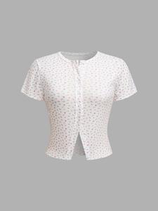 Women's Floral Print Tee, Elegant Casual Fitted Slim-fitting Short Sleeve T-shirt for Daily Wear, Ladies Clothes for Summer, Womenswear