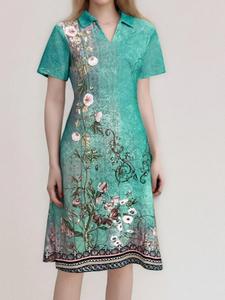 Women's Ditsy Floral Print Short Sleeve Dress, Boho Fashion Casual Floral Decor Round Neck Long Dress for Daily Holiday Vacation Wear, Ladies Dress for Summer