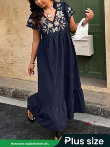 【Plus Size】 Floral Embroidery Ruffle Hem Vneck Dress, Elegant Fashion Casual Shortsleeve Dress for Daily Outdoor Wear, Women Plus Clothing for All Seasons, Womenswear