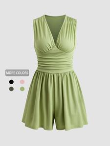 Women's Plain Ruched V Neck Wide Leg Romper, Casual Sleeveless Ribbed Tank Romper for Daily Wear, Ladies Clothes for All Seasons