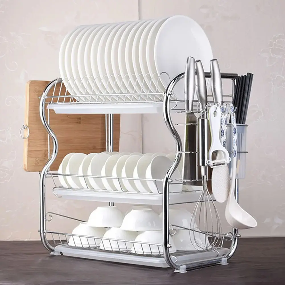 Kitchen Chrome Dish Drainer with Cutlery Cup and Plates Holder, Sink Rack, and Drip Tray - 3 Tier - Organiser, Utensils