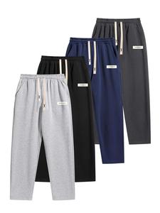 Men's Letter Patched Drawstring Waist  Pants, Casual Comfy Loose Straight Leg Pants for Fall & Winter, Men's Trousers for Daily Wear