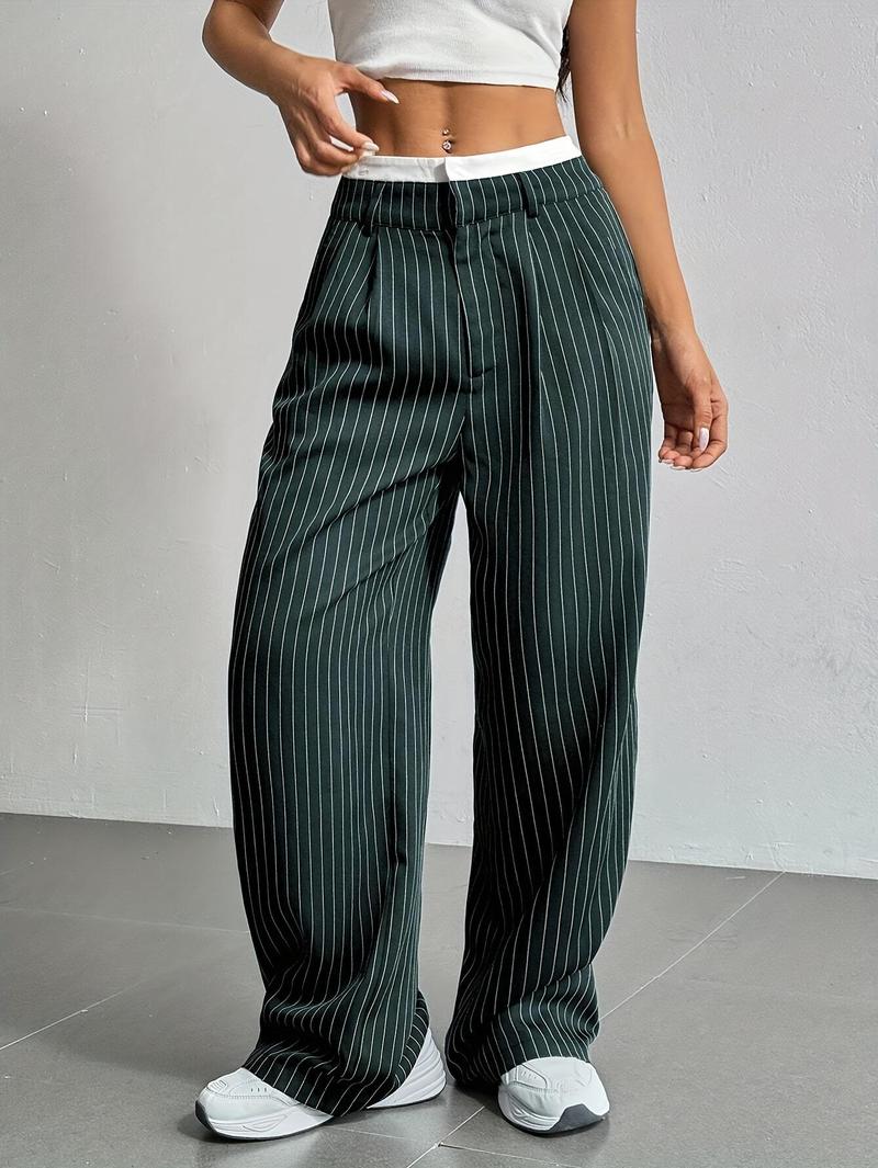 Product Introduction of Women's High-Waist Striped Wide-Leg Blazer Pants - Navy Blue & White Vertical Stripes, Polyester, Casual Style, Machine Washable, Spring/Summer/Fall Wear, Versatile Legwear | Wideleg Design | Glossy Texture, Wide Leg Pants 27