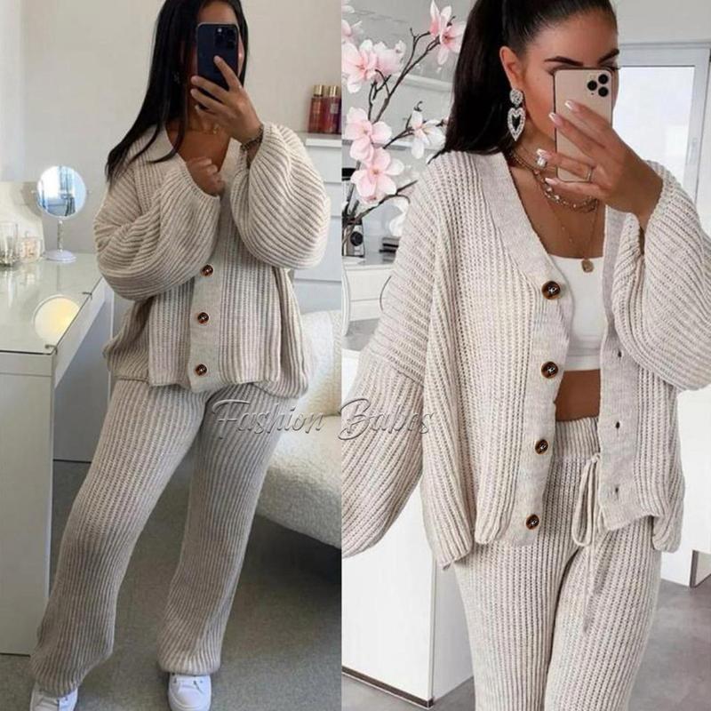 Two Pcs Cardigan & Trouser Set Plain Casual Warm V-Neck Button Winter Cardi Bottom Knitwear Co-Ord Sets Casual Lounge Wear Black 7