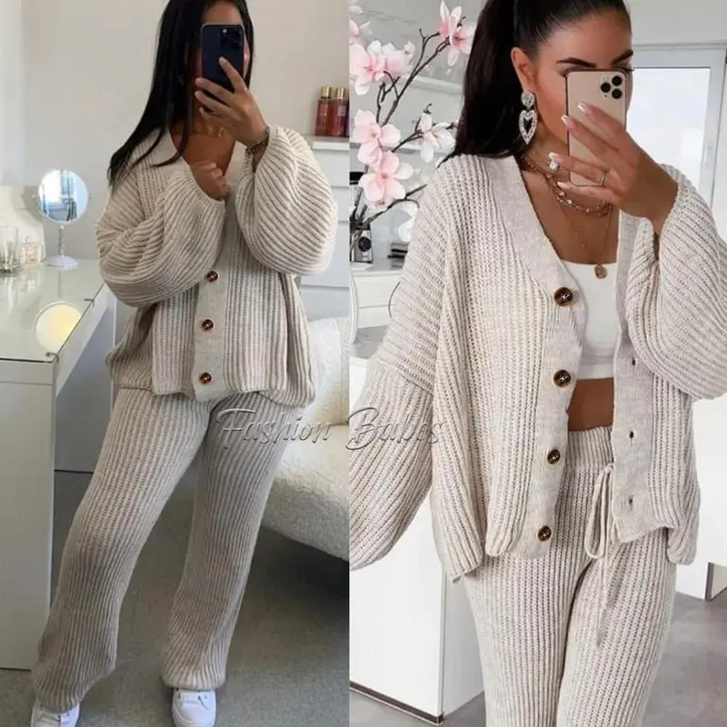 Two Pcs Cardigan & Trouser Set Plain Casual Warm V-Neck Button Winter Cardi Bottom Knitwear Co-Ord Sets Casual Lounge Wear Black 7
