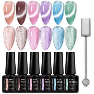Glitter Cat Eye Gel Nail Polish Set, 6 Counts Sparkling Nail Varnish with 1 Magnetic Stick, Glossy Finish Soak Off UV LED Nail Art Kit, Nail Polish, Nail Care Nail Supplies