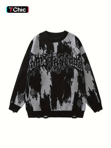 Women's Colorblock & Letter Print Ripped Round Neck Sweater, Casual Drop Shoulder Long Sleeve Graphic Jumper, Sweaters for Women, Ladies Knitwear for Fall & Winter Daily Wear