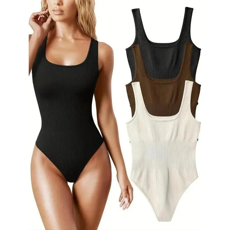 Women's Sleeveless Square Neck Sports Tummy Control Bodysuit, Summer Outfits 2025, High Stretch Seamless Tank Bodysuit, Lady Summer Sportswear for Yoga Gym Workout