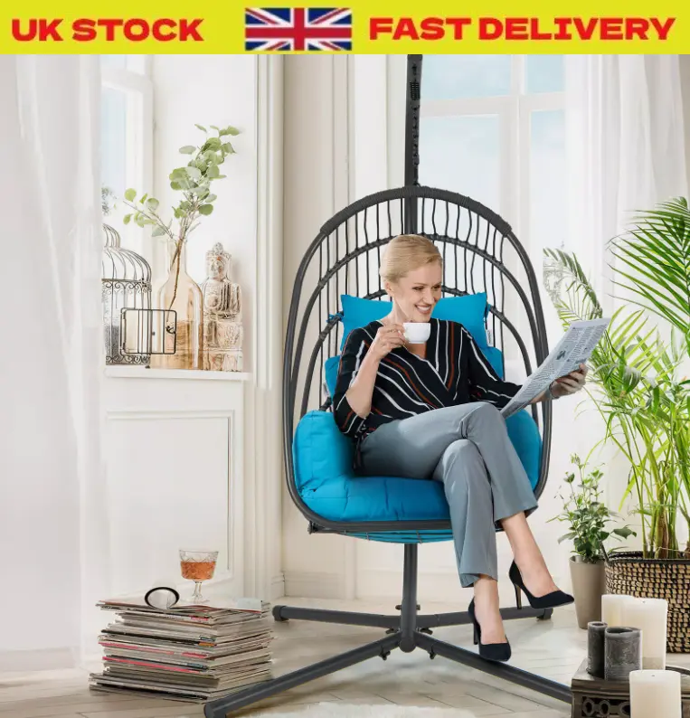 Folding Swing Egg Chair Hanging Chair Swing Basket Chair w/ Stand Cushion Pillow 0