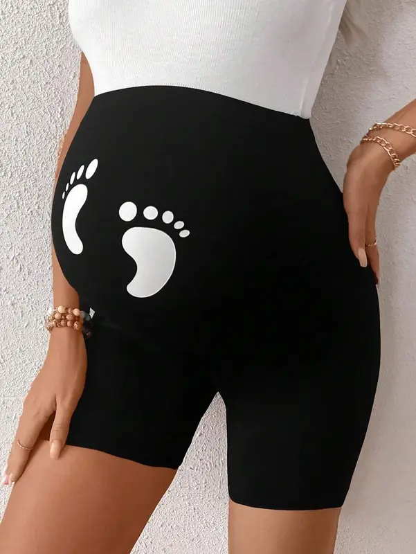 Maternity Adjustable Waist Baby Footprint Printed Short Casual Leggings 2