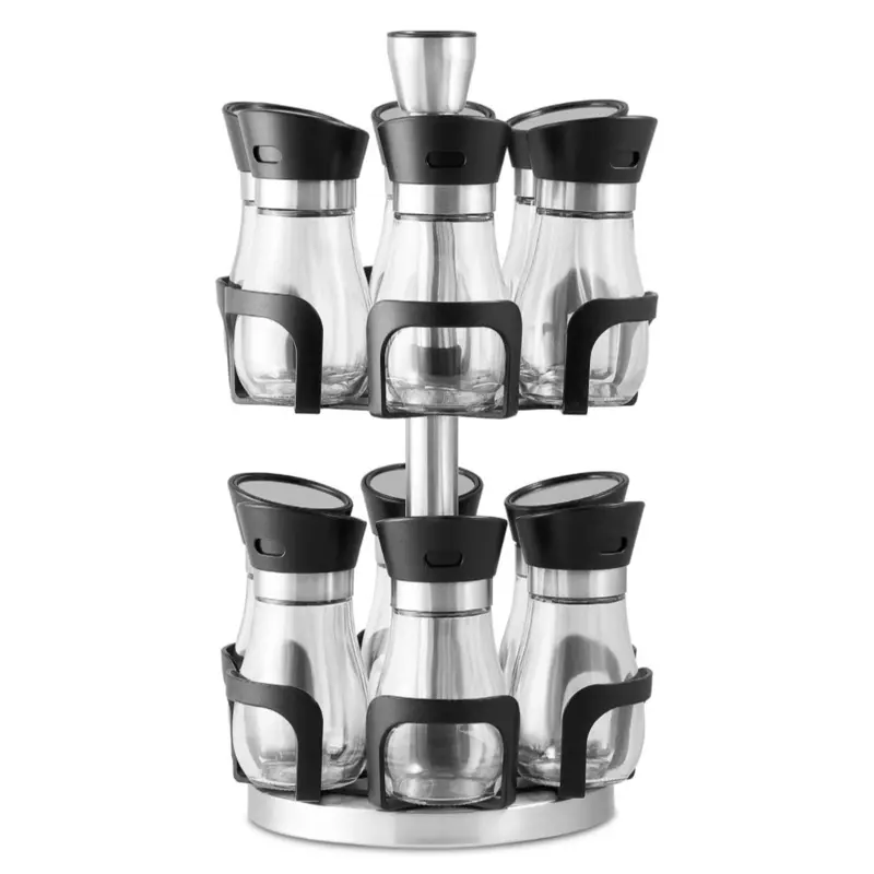 Zuvo Revolving Spice Rack with 12 Spice Jars, Round shape Glass and Stainless Steel Countertop - Free Standing Spice Rack Organizer, 2 Tier