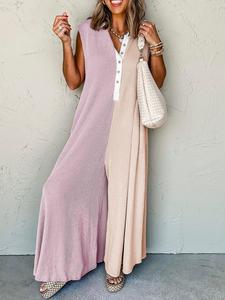 Women's Colorblock Print Button Wide Leg Jumpsuit, Casual Sleeveless Baggy Jumpsuit for Daily Wear, Ladies Clothes for All Seasons