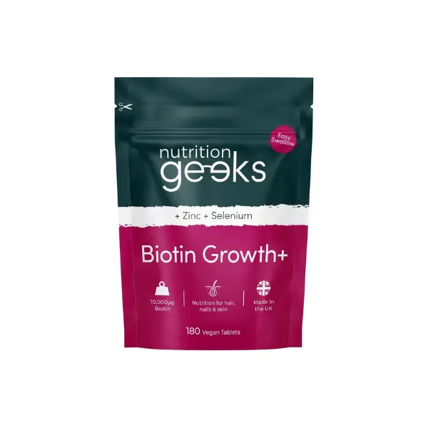 Nutrition Geeks Biotin Hair Growth Supplement - 180 Tablets Enhanced with Zinc & Selenium, Hair Vitamins Complex - Biotin 10000 mcg - Vegan, Hair Skin and Nails Vitamins for Women & Men UK