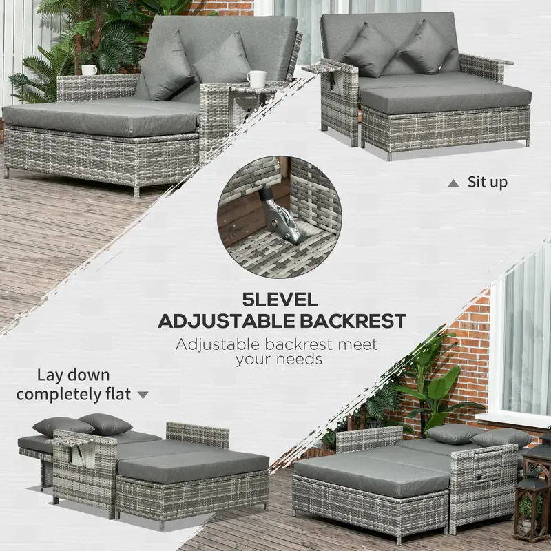 2 Seater Assembled Garden Patio Outdoor Rattan Furniture Sofa Sun Lounger Daybed with Fire Retardant Sponge - Grey 3