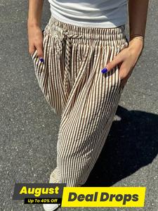Women's Striped Print Drawstring Waist Wide Leg Pants, Casual Pocket Trousers for Daily Wear, Ladies Bottoms for All Seasons, Casual High Waisted, Bohemian Bottom