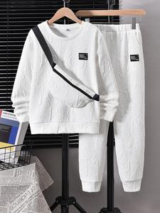 Two-piece Set Boy's Letter Print Patched Sweatshirt & Pocket Pants with Sling Bag, Casual Round Neck Long Sleeve Pullover & Trousers for Fall, Kids Clothes for Daily Wear