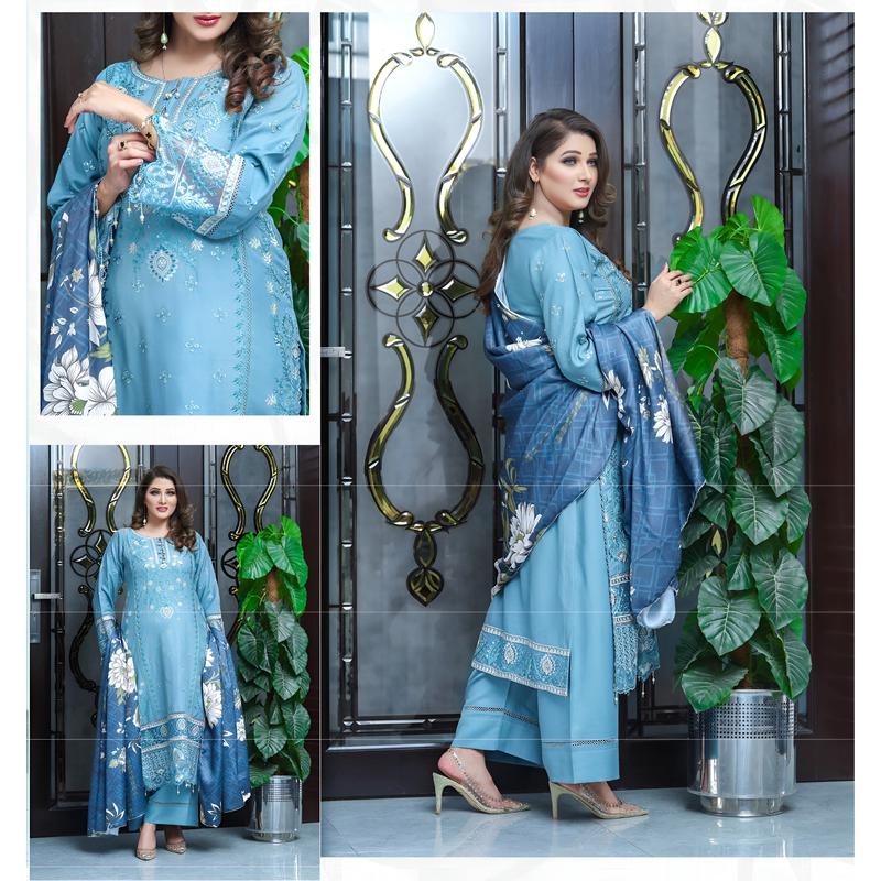 (Jeans Blue) 3 Pc Embroidered Dhanak Dress with wool Shawl | Winter Collection | UB 2