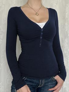 Women's   Contrast Lace  Button V Neck Tee, Casual Fashion Fitted Long Sleeve T-shirt for Spring & Fall, Women's Top for Daily Wear