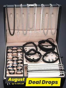 Men's Fashion Jewelry Set, Casual Trendy Cross Charm Necklace & Braided Bracelet & Earrings & Rings & Chain Bracelet, Hip Hop Fashion Jewelry Accessories Set for Party & Daily Decor, Couples Gifts, Matching Jewelry Set