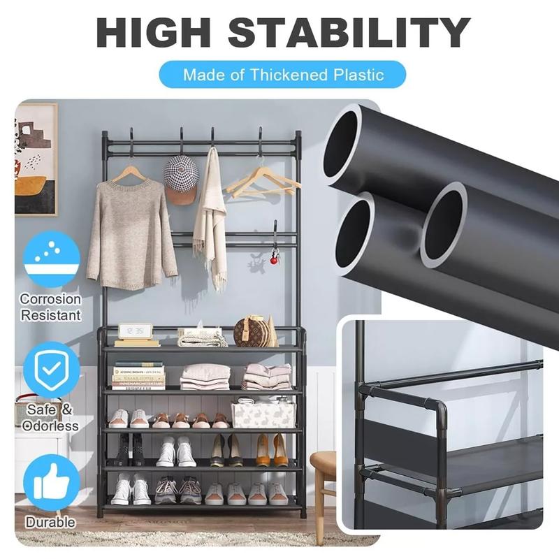 New Coat and Hat Stand 8 Hooks Metal Shoe Rack 5 Tiers Shelf Hanger Black 5