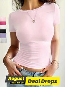 Women's Solid Round Neck Crop Tee, Casual Basic Short Sleeve Crew Neck T-Shirt for Summer, Fashion Women's Top for Daily Wear