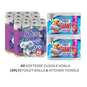 80 SOFTESSE CUDDLE KOALA  3Ply Ultra Advantage Pack  & 6 Kitchen Rolls with Degradable and Recyclable Wipes - Unscented - Set, Sheets