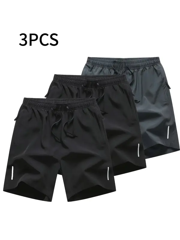 New summer men's breathable quick-drying 3-pack sports shorts - drawstring design + anti-theft zipper pocket black technology fabric essential equipment for hiking and running" 3